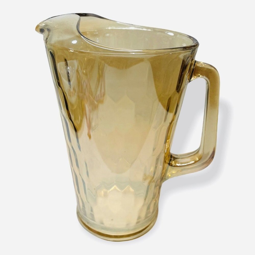 JEANETTE GLASS MARIGOLD CARNIVAL HEX OPTIC HONEYCOMB HEAVY PITCHER W/ ICE LIP